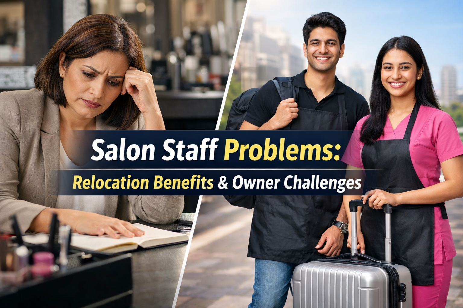 Salon staff problems illustration with stressed salon owner and relocated salon professionals holding luggage in city background